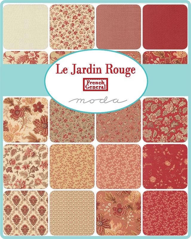 Le Jardin Rouge 5" Charm Pack, Moda 36150PP, 5" Precut Red Pink Beige Tan Green Cream Floral Charm Pack Fabric Squares, French General
