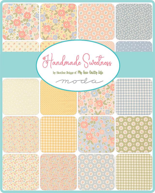 Handmade Sweetness Charm Pack, Moda 31790PP, 5" Precut Pink Green Blue Yellow Floral Charm Pack Fabric Squares, My Sew Quilty Life, Briggs