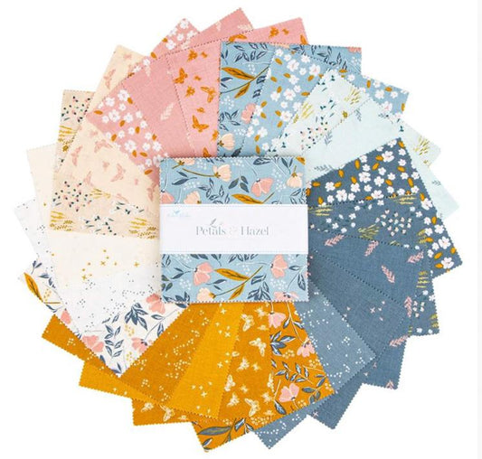 Petals and Hazel 5" Stacker, Riley Blake 5-18220-42, 5" Precut Pink Blue Butterscotch Floral Fabric Squares, Simple Simon