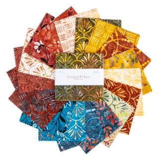 Expressions Batiks Verdant Muse 5" Stacker, Riley Blake 5-BT23786-42, Precut 5" Burgundy Gold Blue Cream Green Batik Fabric Squares, Gervais
