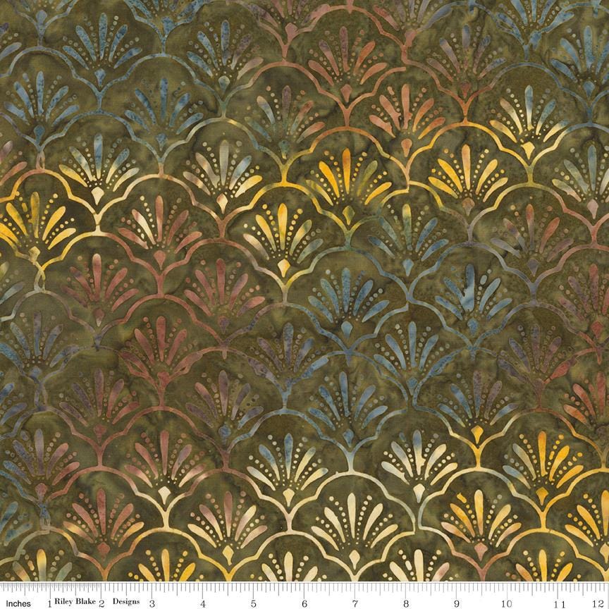 Expressions Batiks Verdant Muse 5" Stacker, Riley Blake 5-BT23786-42, Precut 5" Burgundy Gold Blue Cream Green Batik Fabric Squares, Gervais