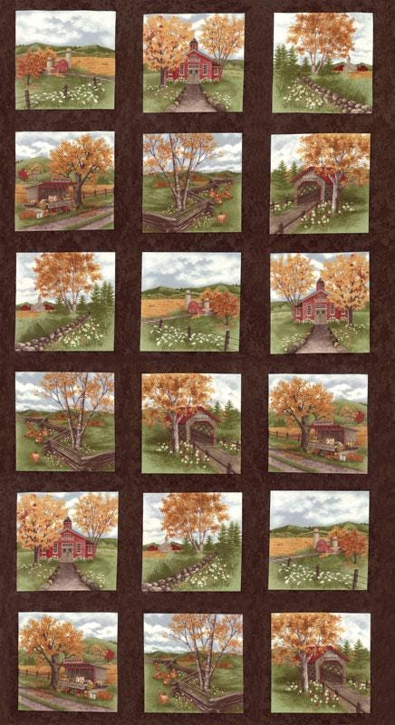 RARE Country Road 24" Fabric Panel OOP, Moda 6660-21 Earth, Autumn Fall Country Scenes Blocks with Brown Frames Quilt Panel, Holly Taylor