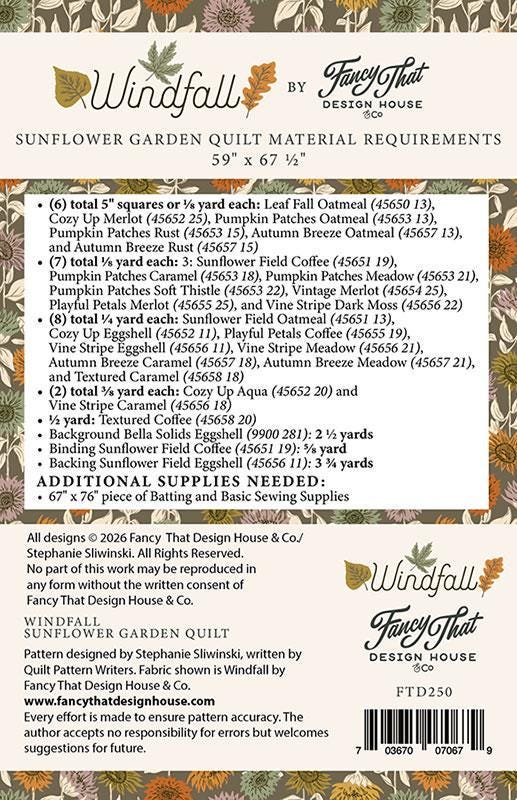 Sunflower Garden Quilt Pattern, Fancy That Design FTD250, Yardage Friendly Fall Autumn Flower Lap Throw Quilt Pattern, Windfall