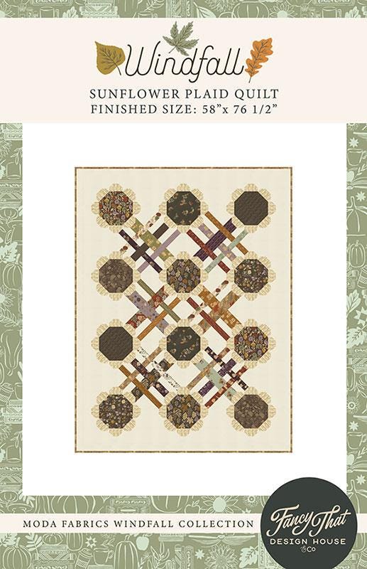 Sunflower Plaid Quilt Pattern, Fancy That Design FTD248, Layer Cake Friendly Fall Autumn Flower Lap Throw Quilt Pattern, Windfall