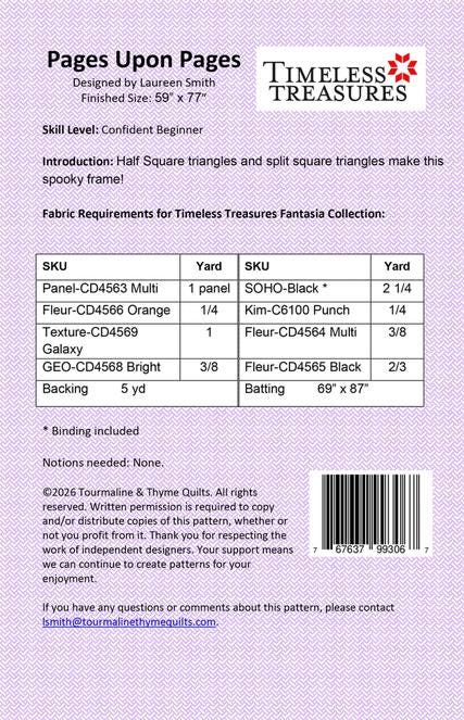 Pages Upon Pages Panel Frame Quilt Pattern, Tourmaline and Thyme TTQ-663, 24" Panel Friendly Lap Throw Quilt Pattern