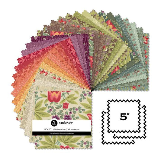Paradise 5" Charm Pack, Andover 5-PARA-42, 5" Precut Green Orange Purple Beige Red Blue Floral Fabric Charm Squares, Renee Nanneman