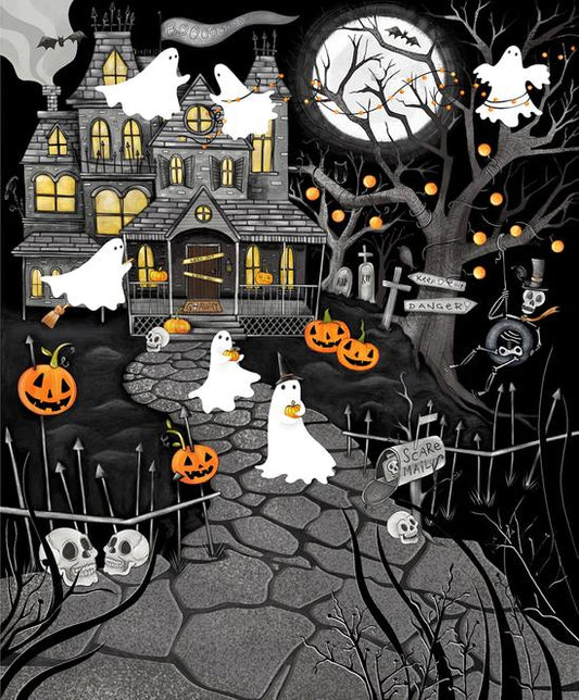 I Made a Boo Boo - 36" Halloween Fabric Panel, Studio E 8987PS-99, Not Too Spooky Halloween House Ghosts Fabric, Art by Bella
