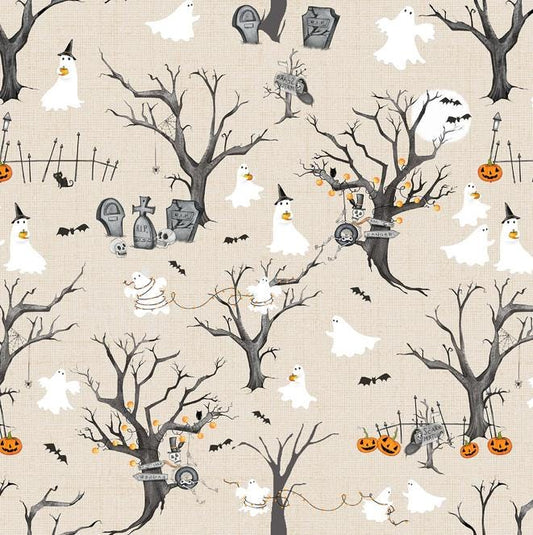 I Made a Boo Boo - Ghosts on Beige Halloween Fabric, Studio E 8989S-46 Bone, Not Too Spooky Halloween Ghosts Graveyard Fabric, Art by Bella