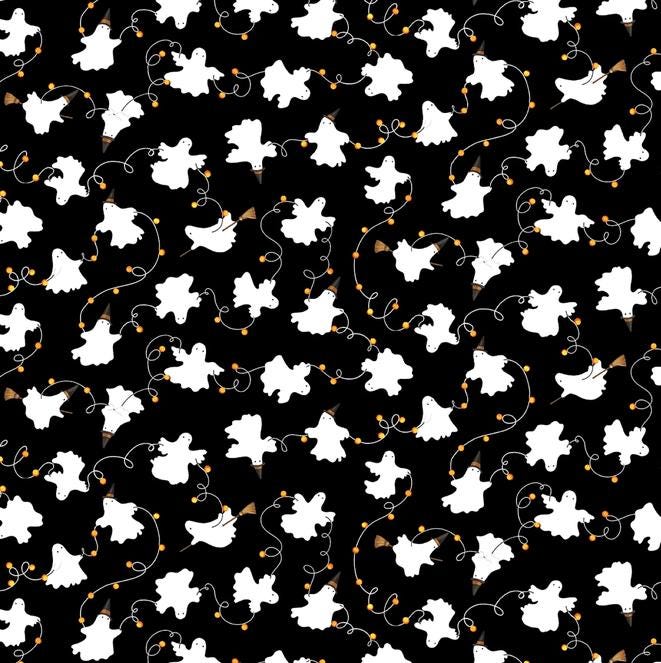 I Made a Boo Boo - Ghosts on Black Halloween Fabric, Studio E 8991S-99, Not Too Spooky Halloween Ghosts Lights Fabric, Art by Bella