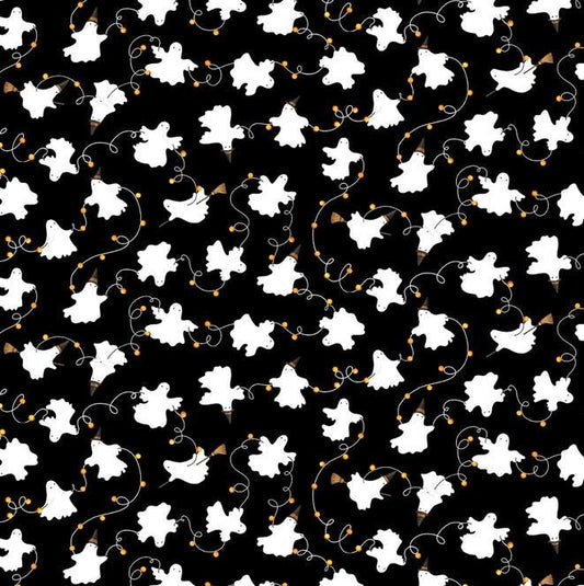 I Made a Boo Boo - Ghosts on Black Halloween Fabric, Studio E 8991S-99, Not Too Spooky Halloween Ghosts Lights Fabric, Art by Bella