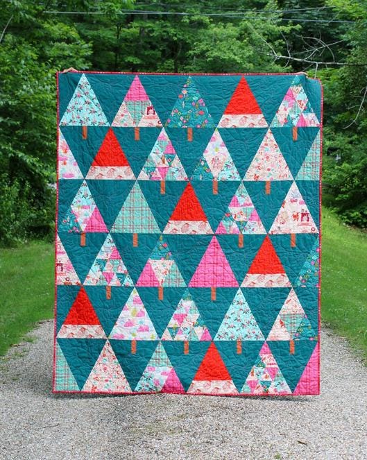 Evergreen and Jolly Quilt Pattern, Satomi Quilts SQ037, Yardage Friendly Abstract Santa Christmas Xmas Trees Forest Throw Quilt Pattern