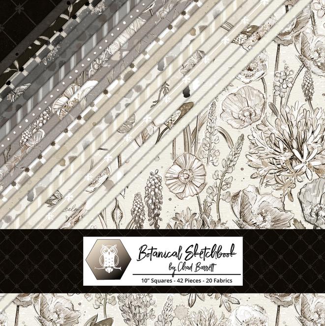 Botanical Sketchbook 10" Squares, White Owl Fabrics BOTANICALSKETCHBK-10, Precut 10" Cream Taupe Black Floral Quilt Fabric Squares