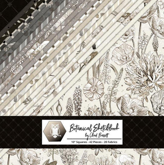 Botanical Sketchbook 10" Squares, White Owl Fabrics BOTANICALSKETCHBK-10, Precut 10" Cream Taupe Black Floral Quilt Fabric Squares