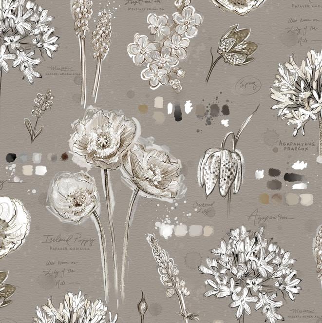 Botanical Sketchbook 10" Squares, White Owl Fabrics BOTANICALSKETCHBK-10, Precut 10" Cream Taupe Black Floral Quilt Fabric Squares
