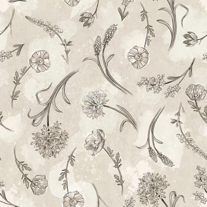 Botanical Sketchbook 10" Squares, White Owl Fabrics BOTANICALSKETCHBK-10, Precut 10" Cream Taupe Black Floral Quilt Fabric Squares