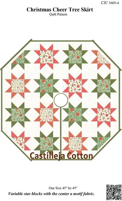 Christmas Cheer Tree Skirt Quilt Pattern, Castilleja Cotton CJC54054, Yardage Friendly Stars Xmas Tree Skirt Pattern