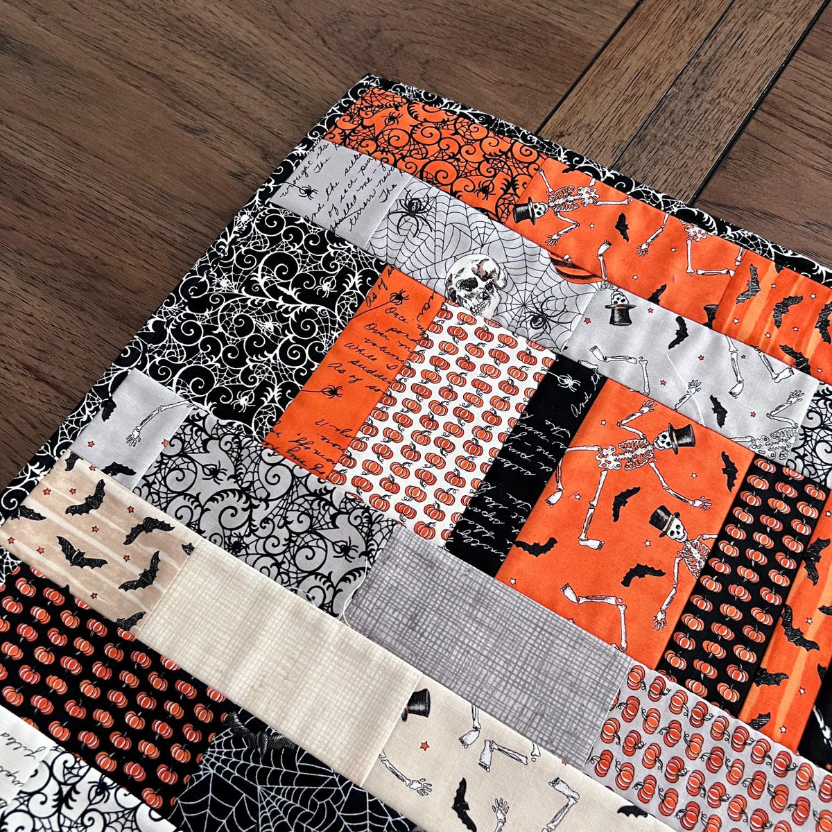 Ghostly Greetings Halloween Quilted Table Runner, 17" x 40", Orange Black White Beige Gray Halloween Topper Table Quilt