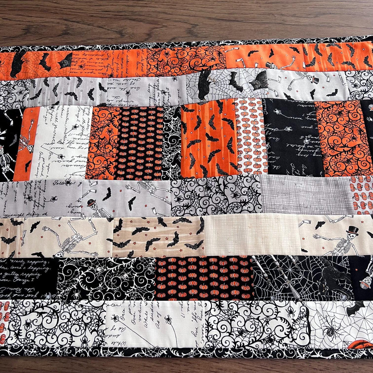 Ghostly Greetings Halloween Quilted Table Runner, 17" x 40", Orange Black White Beige Gray Halloween Topper Table Quilt