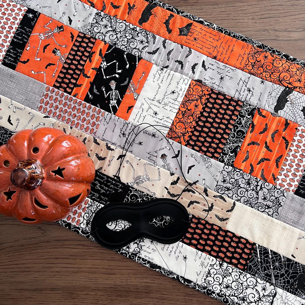 Ghostly Greetings Halloween Quilted Table Runner, 17" x 40", Orange Black White Beige Gray Halloween Topper Table Quilt