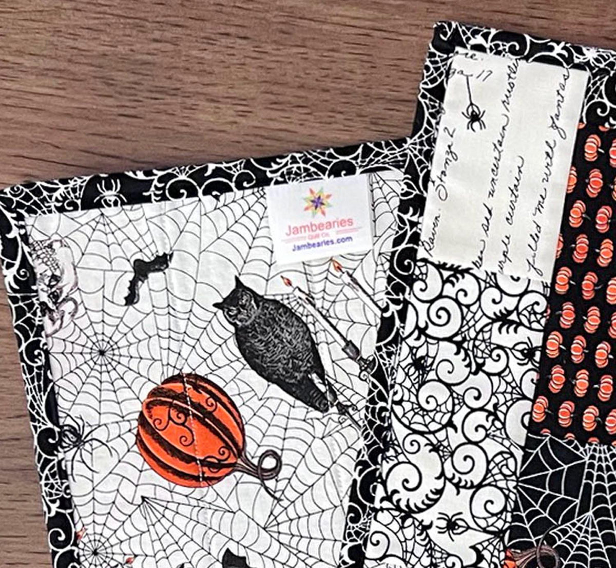 Ghostly Greetings Halloween Quilted Table Runner, 17" x 40", Orange Black White Beige Gray Halloween Topper Table Quilt