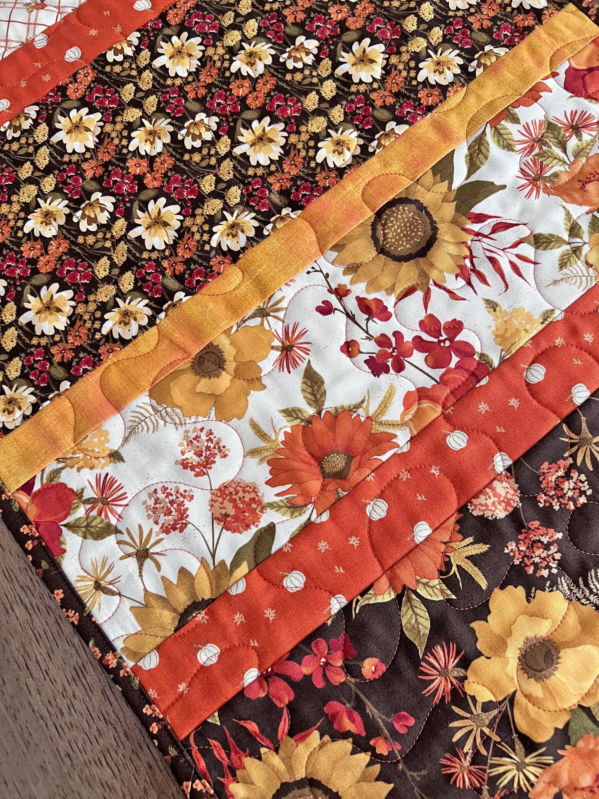 Autumn Floral Striped Quilted Table Runner, 16" x 55.5", Riley Blake Bountiful Table Topper Quilt
