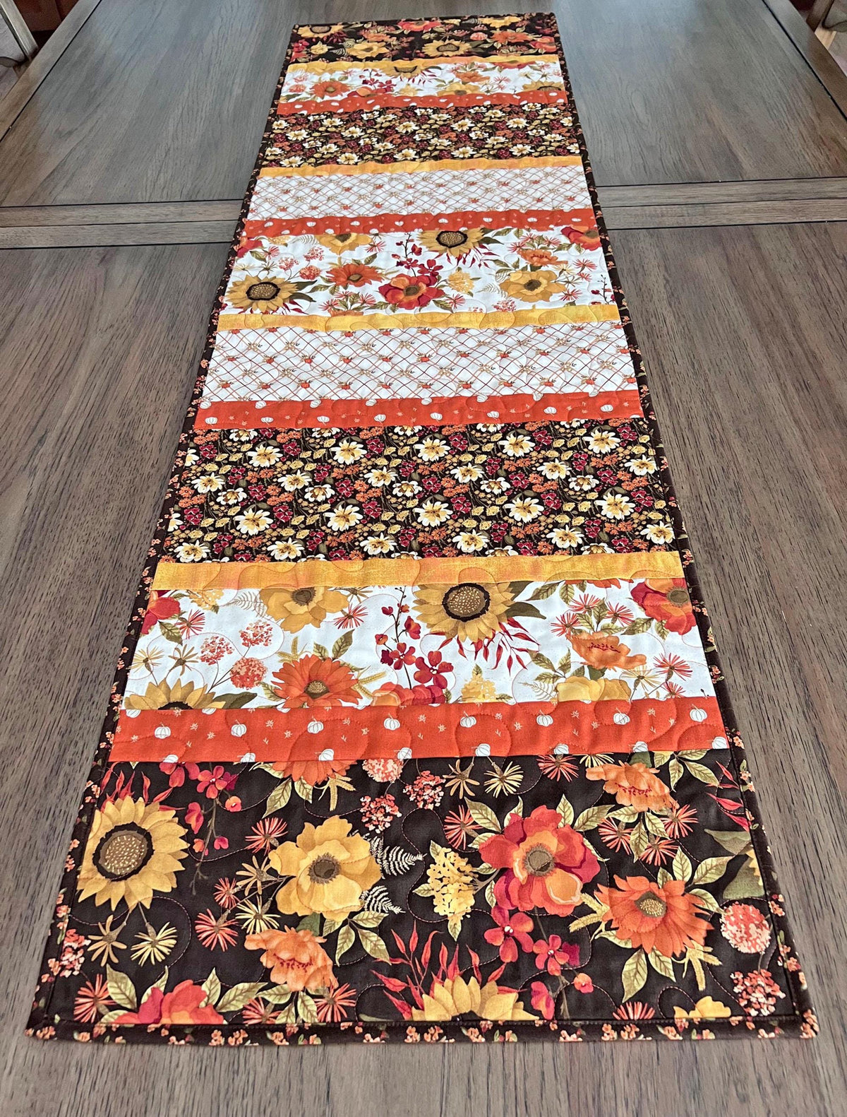 Autumn Floral Striped Quilted Table Runner, 16" x 55.5", Riley Blake Bountiful Table Topper Quilt