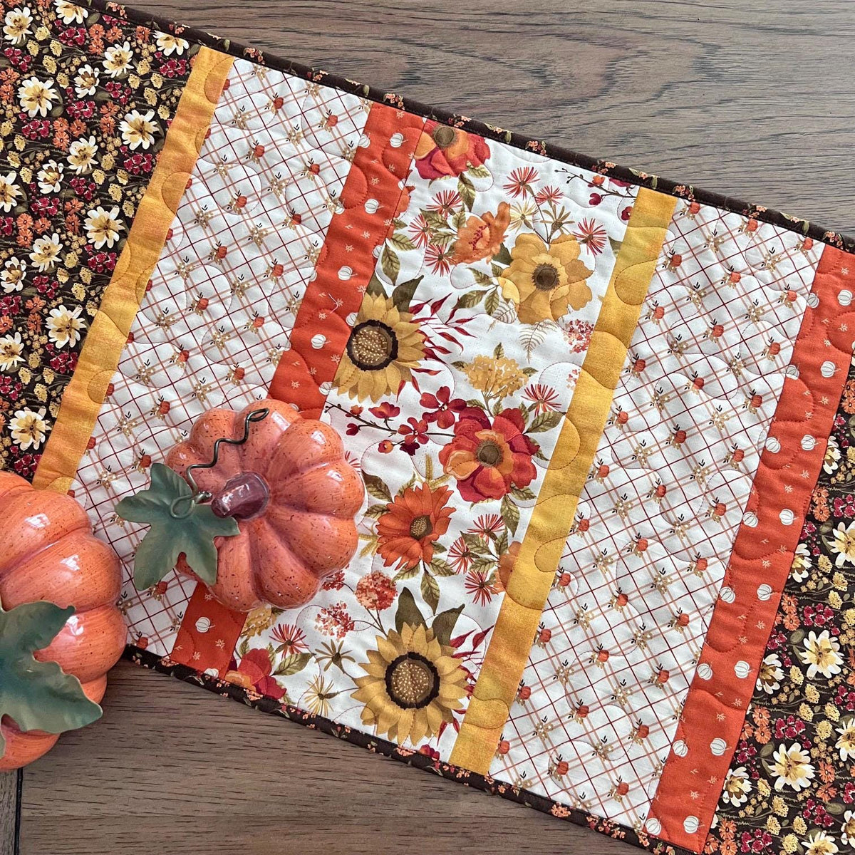 Autumn Floral Striped Quilted Table Runner, 16" x 55.5", Riley Blake Bountiful Table Topper Quilt