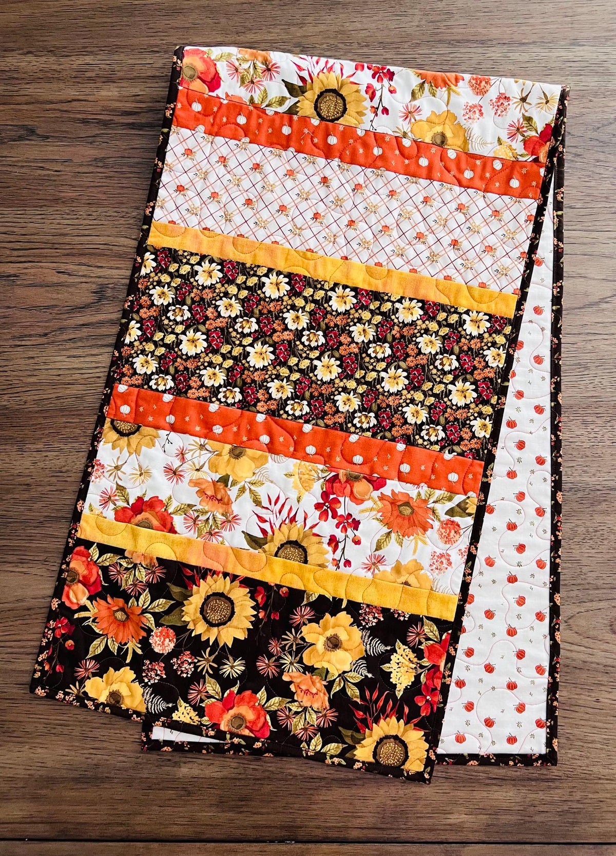 Autumn Floral Striped Quilted Table Runner, 16" x 55.5", Riley Blake Bountiful Table Topper Quilt