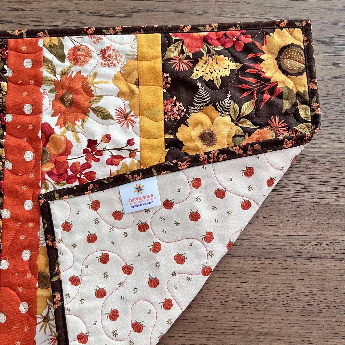 Autumn Floral Striped Quilted Table Runner, 16" x 55.5", Riley Blake Bountiful Table Topper Quilt