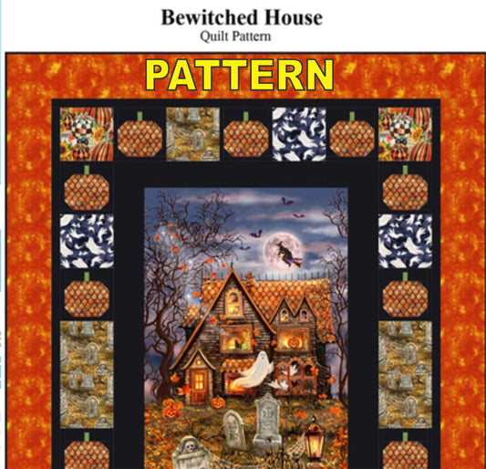 Bewitched House Autumn 24" Panel Frame Quilt PATTERN, Castilleja Cotton CJC-59013, 24" Fabric Panel Friendly Pumpkins Frame Quilt Pattern