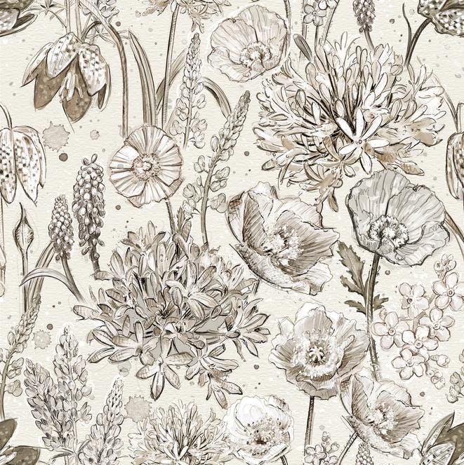 Botanical Sketchbook - Packed Florals on Cream Fabric, White Owl W115-016-070, Taupe Black Gray Cream Floral Fabric, Lumin, By the Yard