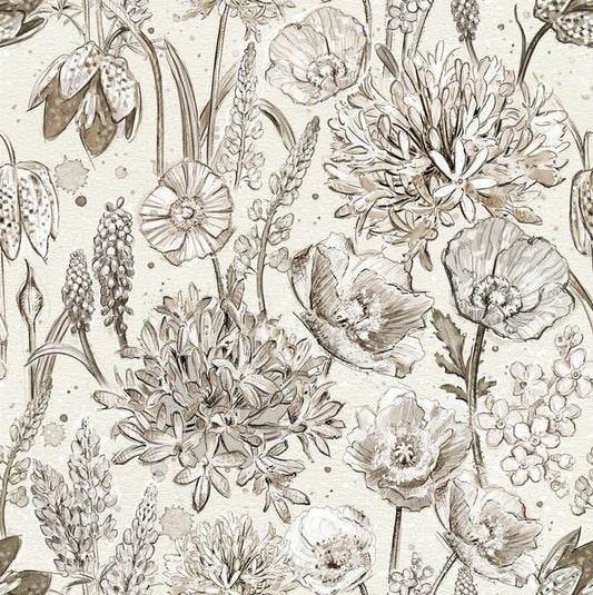 Botanical Sketchbook - Packed Florals on Cream Fabric, White Owl W115-016-070, Taupe Black Gray Cream Floral Fabric, Lumin, By the Yard