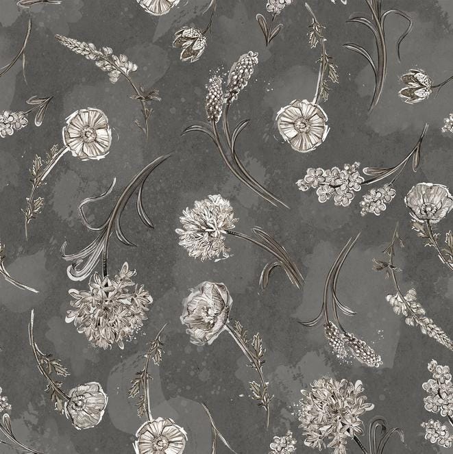 Botanical Sketchbook - Tossed Flowers on Gray Fabric, White Owl W115-018-707, Cream Flowers on Dark Gray Fabric, Lumin, Barrett, By the Yard