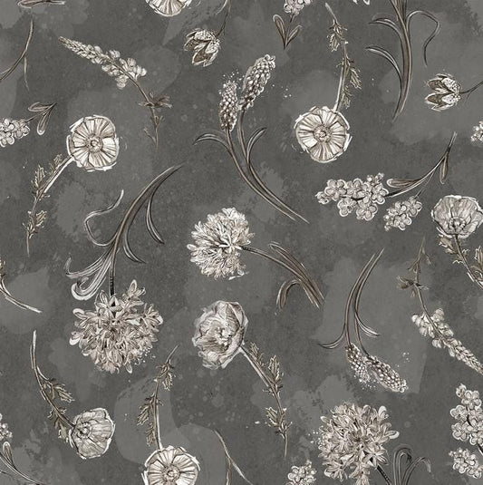 Botanical Sketchbook - Tossed Flowers on Gray Fabric, White Owl W115-018-707, Cream Flowers on Dark Gray Fabric, Lumin, Barrett, By the Yard