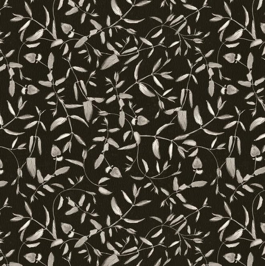 Botanical Sketchbook - Gray Vines Leaves on Black Fabric, White Owl W115-020-770, Gray Black Blender Fabric, Lumin, Barrett, By the Yard
