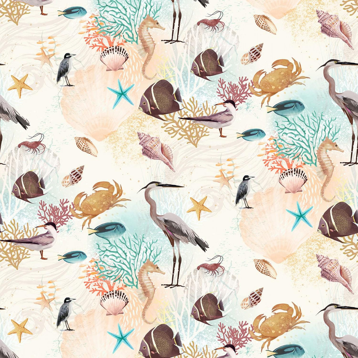 Seashell Wishes 5" Charm Pack OOP, Clothworks SQ0364, Beach Nautical Ocean Life Charm Pack Fabric, 5" Precut Fabric Squares, Teresa Magnuson
