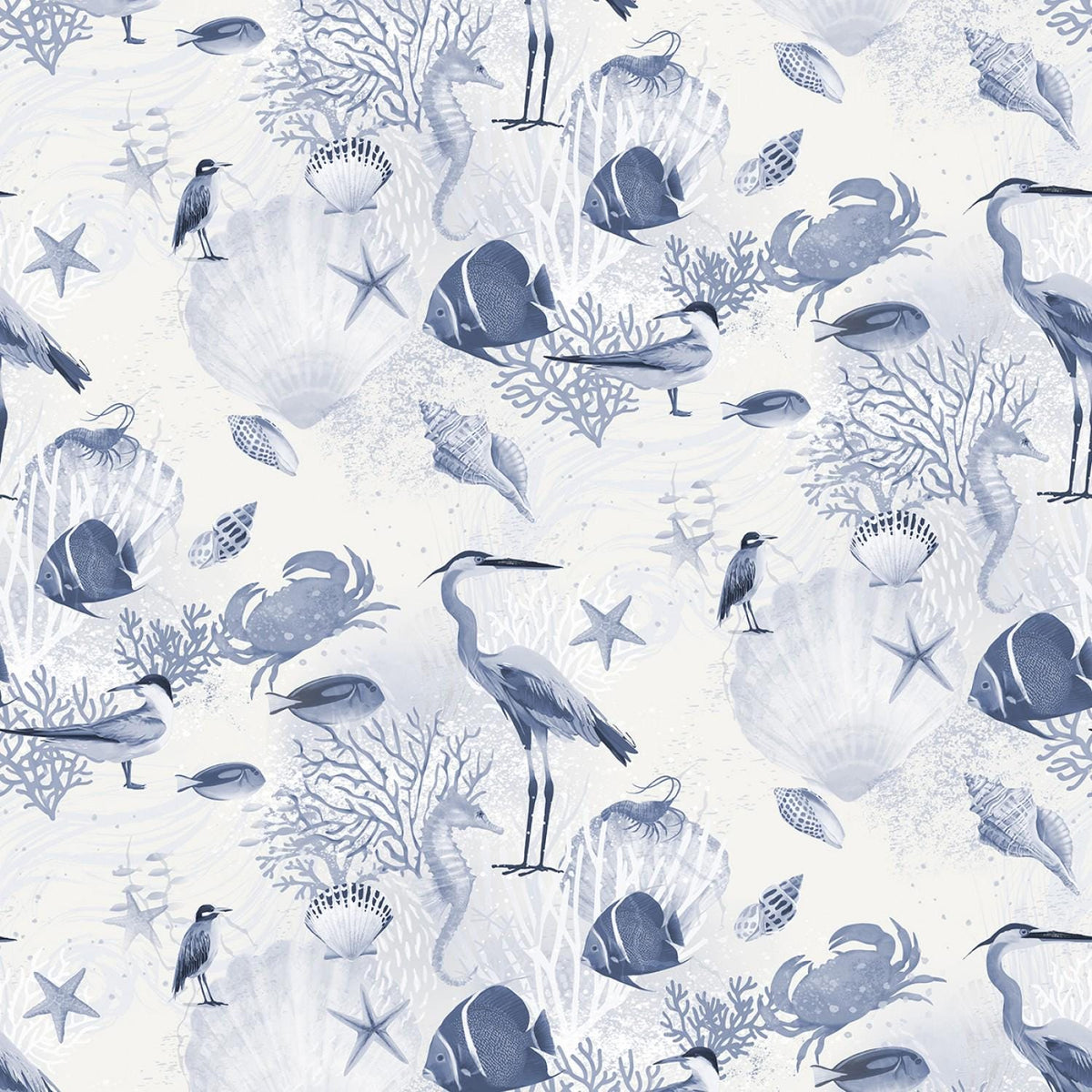 Seashell Wishes 5" Charm Pack OOP, Clothworks SQ0364, Beach Nautical Ocean Life Charm Pack Fabric, 5" Precut Fabric Squares, Teresa Magnuson