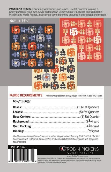 Pasadena Roses Quilt Pattern, Robin Pickens RPQPPR174, FQ Fat Quarter Friendly Rose Garden Flowers Lap Throw Quilt Pattern