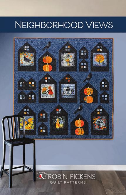 Neighborhood Views Quilt Pattern, Robin Pickens RPQPNV177, Charm Pack Panel Block Friendly Halloween House Crow Pumpkin Throw Quilt Pattern