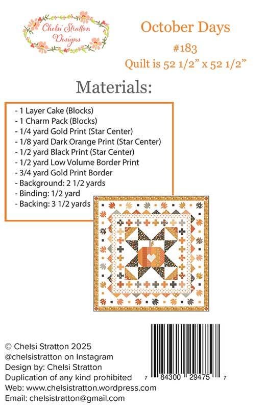 October Days Throw Quilt Pattern, Chelsi Stratton Designs CSD183, Layer Cake Mini Charm Friendly Autumn Fall Pumpkins Leaves Quilt Pattern