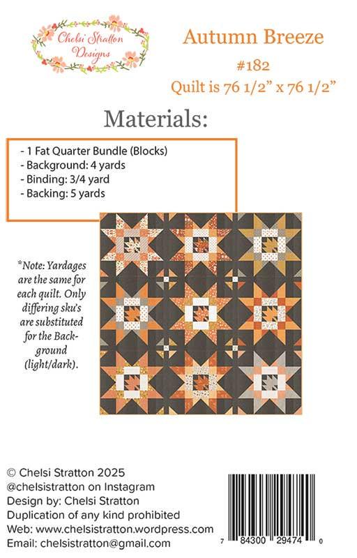 Autumn Breeze Throw Quilt Pattern, Chelsi Stratton Designs CSD182, FQ Fat Quarter Friendly Autumn Fall Leaves in Stars Quilt Pattern