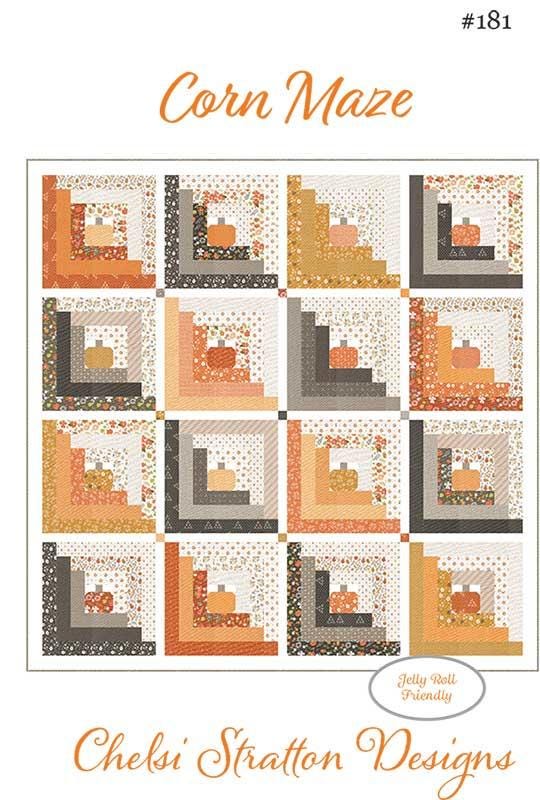Corn Maze Throw Quilt Pattern, Chelsi Stratton Designs CSD181, Jelly Roll Charm Pack Friendly Autumn Fall Pumpkins Log Cabin Quilt Pattern