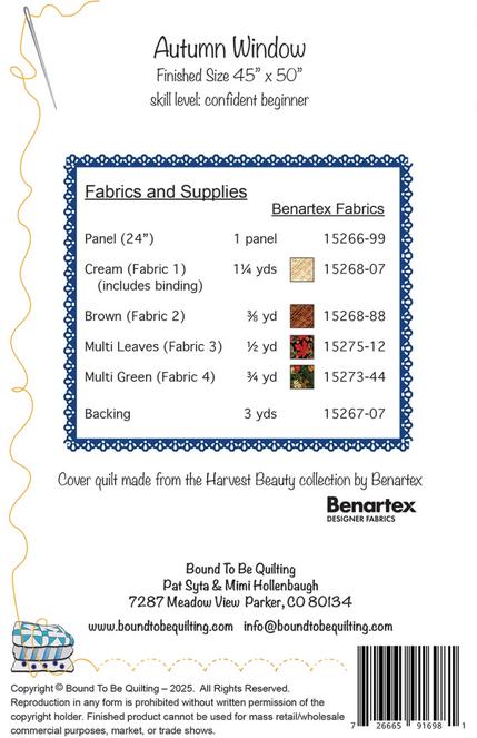 Autumn Window Panel Frame Quilt Pattern, Bound to Be Quilting BTBQ578, Vertical Fabric Panel Friendly Fall Leaves Throw Quilt Pattern
