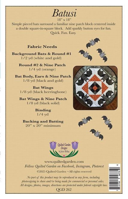 Batusi Quilt Pattern, Quilted Garden Designs QGD262, Halloween Bats Hexagonal Table Topper Pattern