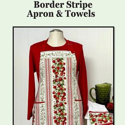 Border Stripe Apron and Towels Pattern, Joyce Minnis JMD-228, Yardage Friendly Adult Apron Pattern