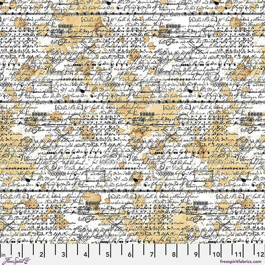 One Layer Away - Freestyle Black Text on White Tan Fabric, Free Spirit PWSE069.PAPER, Modern Contemporary Urban Cotton Fabric, Apter