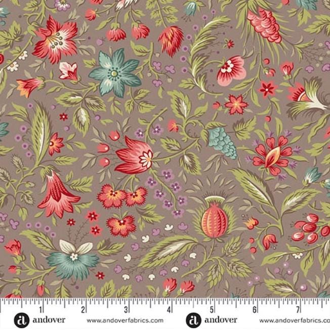 Paradise 5" Charm Pack, Andover 5-PARA-42, 5" Precut Green Orange Purple Beige Red Blue Floral Fabric Charm Squares, Renee Nanneman