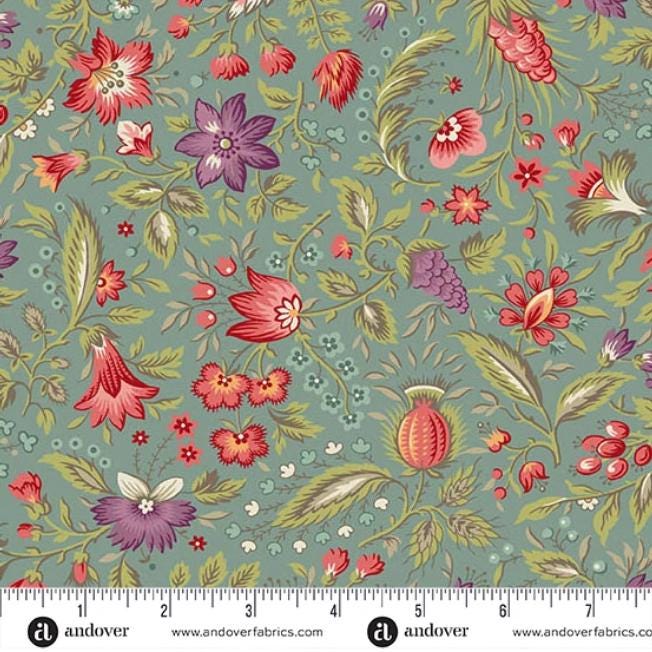 Paradise 5" Charm Pack, Andover 5-PARA-42, 5" Precut Green Orange Purple Beige Red Blue Floral Fabric Charm Squares, Renee Nanneman