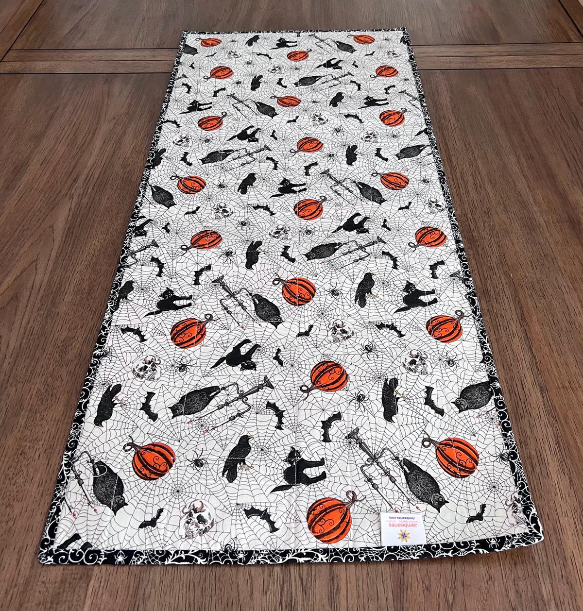 Ghostly Greetings Halloween Quilted Table Runner, 17" x 40", Orange Black White Beige Gray Halloween Topper Table Quilt
