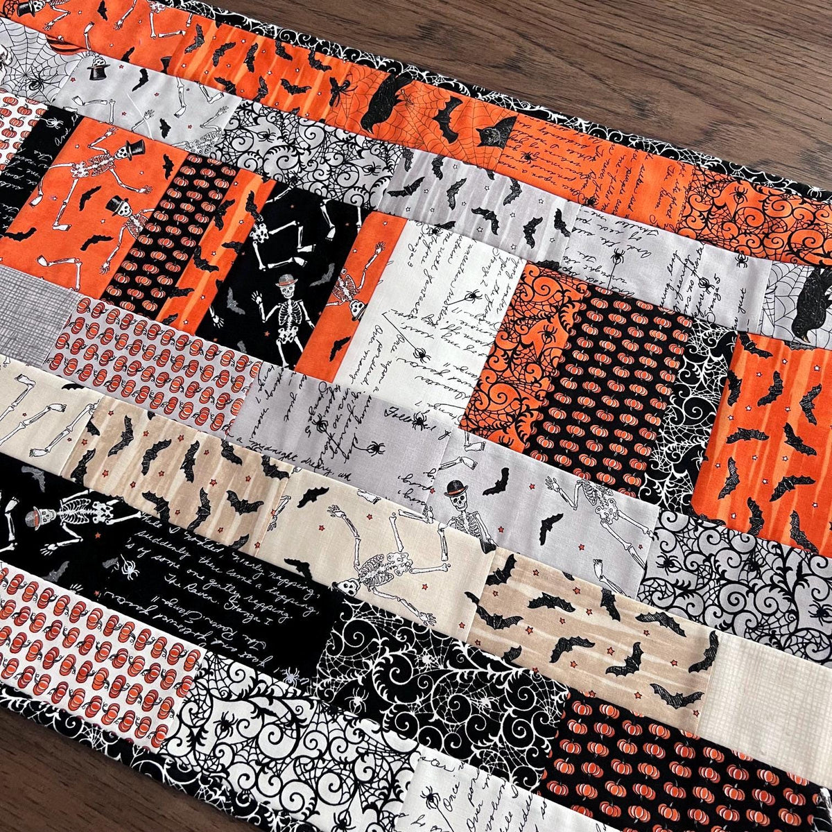 Ghostly Greetings Halloween Quilted Table Runner, 17" x 40", Orange Black White Beige Gray Halloween Topper Table Quilt